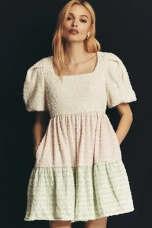 Color-Blocked Babydoll with Textured Bodice and Puff Sleeves — Babydoll Dresses