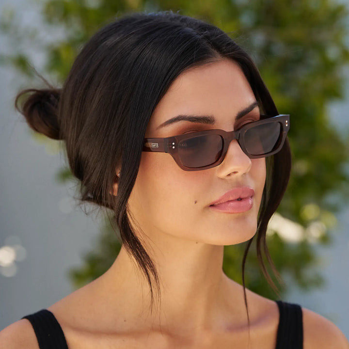 Understated Chic: Dark Brown Rectangular Sunglasses — Sunglasses for Oval Face