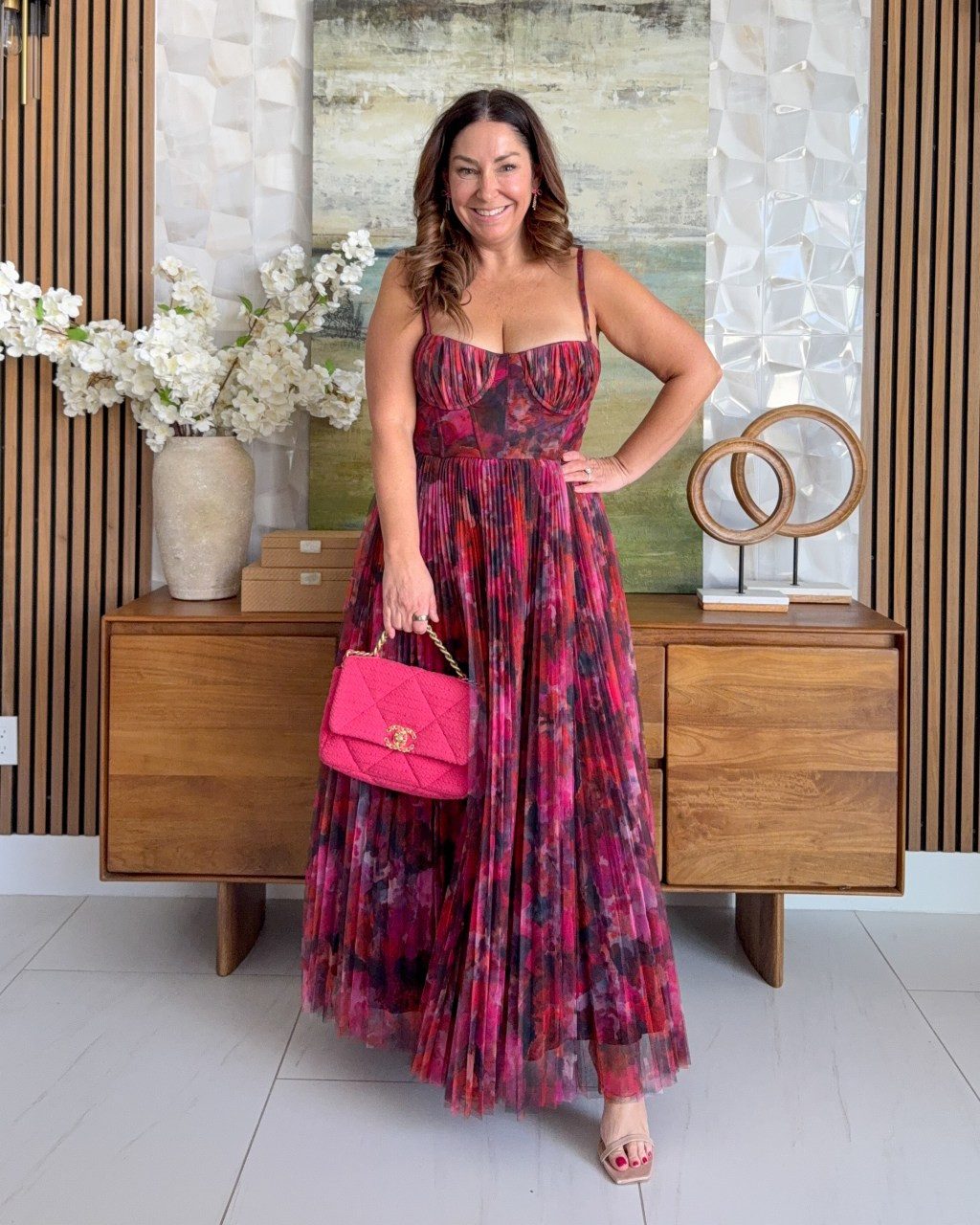 Multi-Colored Floral Pleated Maxi Dress for Evening — Midsize Dresses
