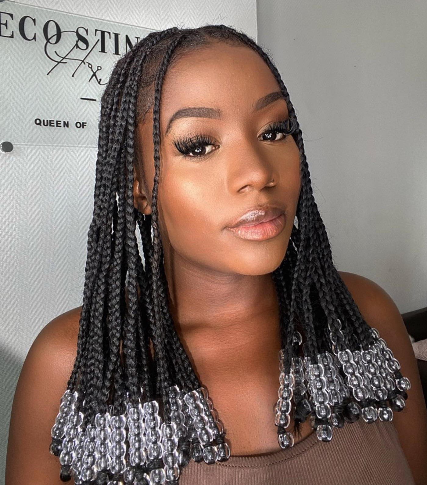 Shoulder-Length Box Braids With Beaded Ends