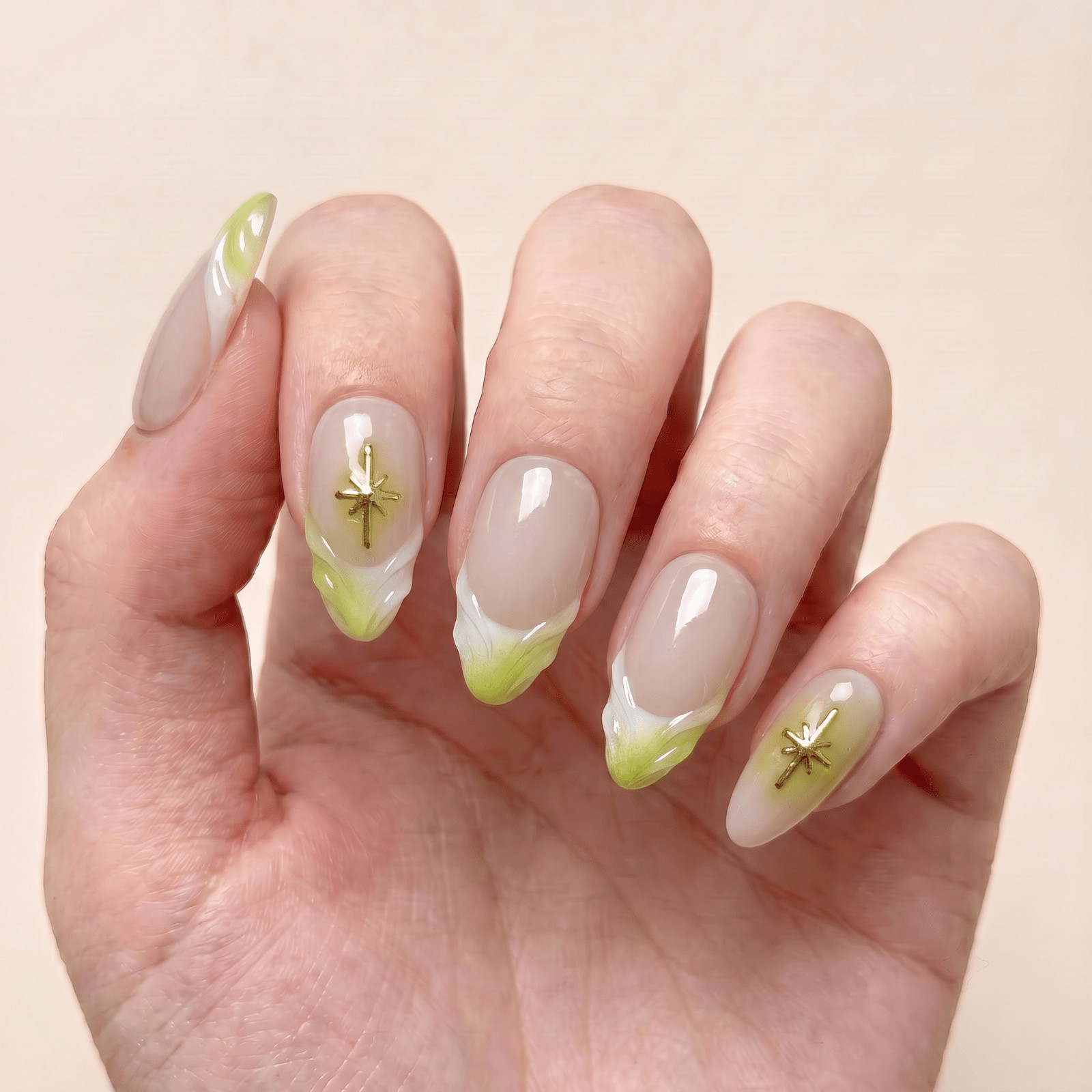 Lime Green Abstract French Almonds with Stars Lime Green Abstract French Almonds with Stars — First Acrylic Nails
