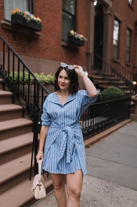 Light Blue Striped Shirt Dress with Tie Waist and Heels — Shirt Dress Outfits