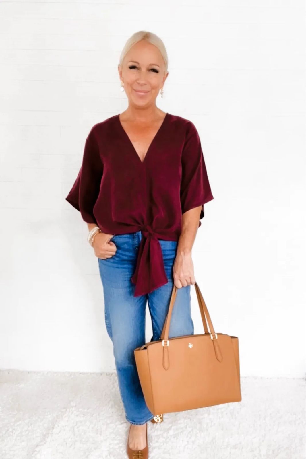 Burgundy Tie-Front Blouse with Straight-Leg Jeans Burgundy Tie-Front Blouse with Straight-Leg Jeans — Tory Burch Outfits