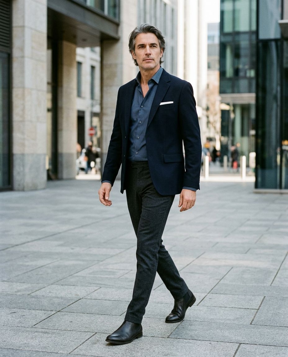 Navy Blazer with Dark Blue Shirt and Grey Trousers Navy Blazer with Dark Blue Shirt and Grey Trousers — Outfits for Men Over 50