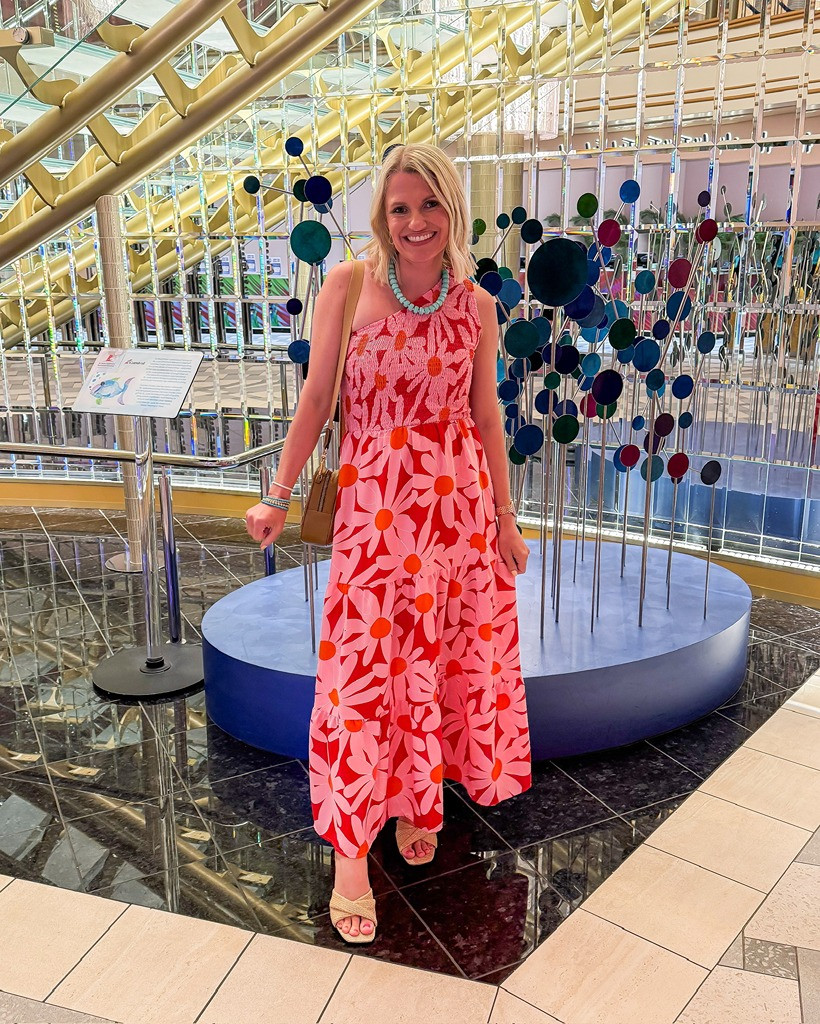 Pink and Red Floral One-Shoulder Maxi Dress with Turquoise Jewelry — Cruise Dinner Outfits
