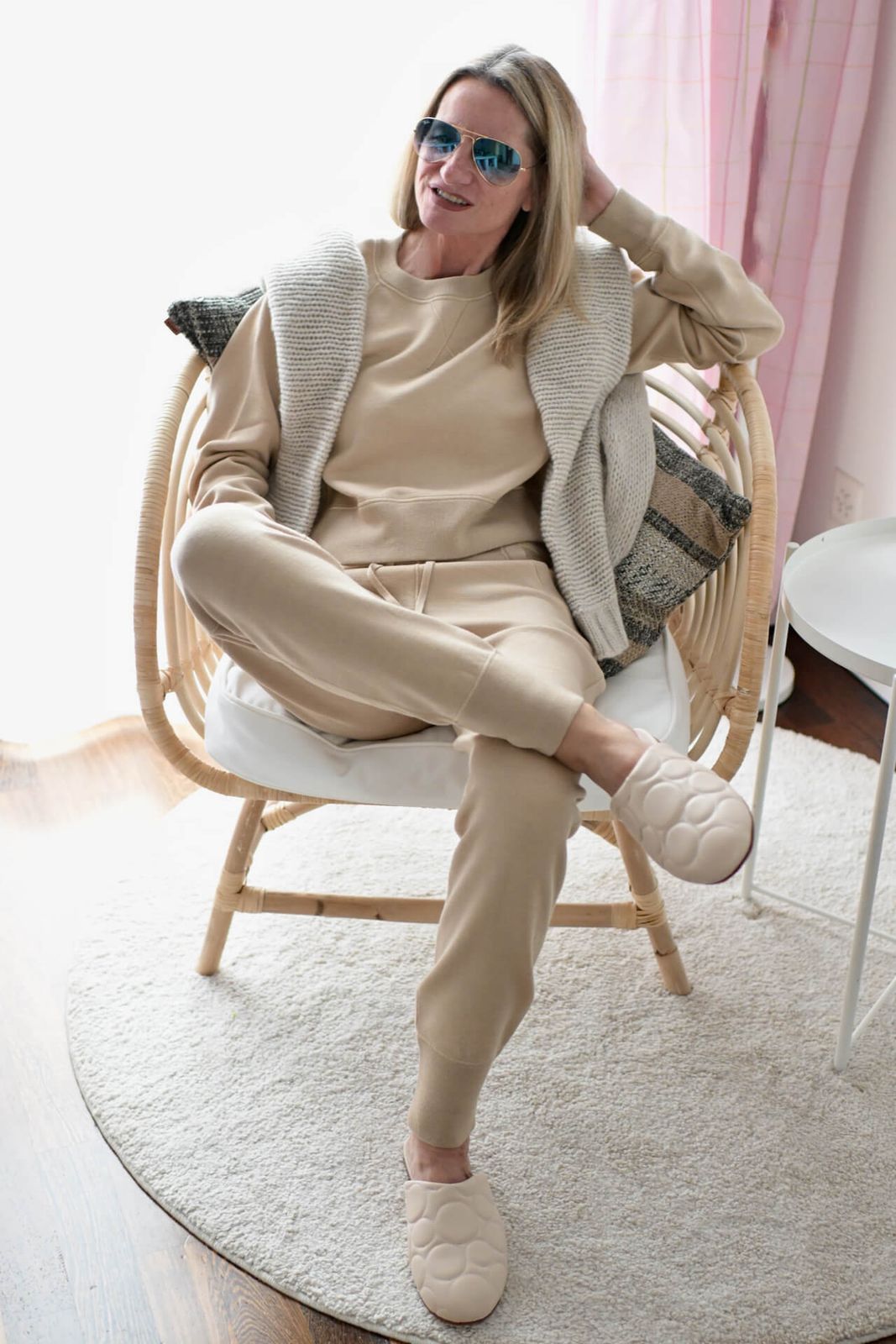 Monochromatic Beige Set with Draped Cardigan for Cozy WFH Vibes Monochromatic Beige Set with Draped Cardigan for Cozy WFH Vibes — Work From Home Outfits
