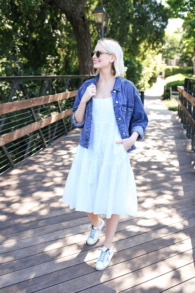White Eyelet Tiered Dress Layered with Denim Jacket White Eyelet Tiered Dress Layered with Denim Jacket — Casual Dresses