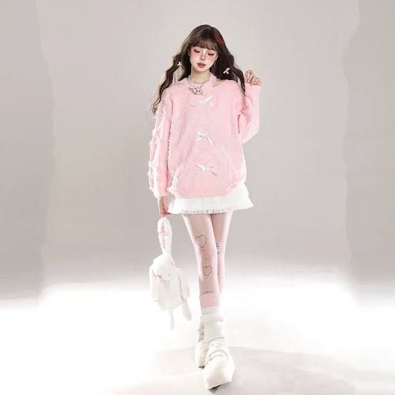 Pink Fuzzy Sweater with Ruffled Skirt and Heart Tights Pink Fuzzy Sweater with Ruffled Skirt and Heart Tights — Soft Girl Outfits