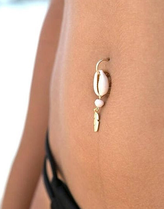 Tropical Charm: Shell Belly Ring with Pink Bead and Bikini — Belly Button Piercing Ideas