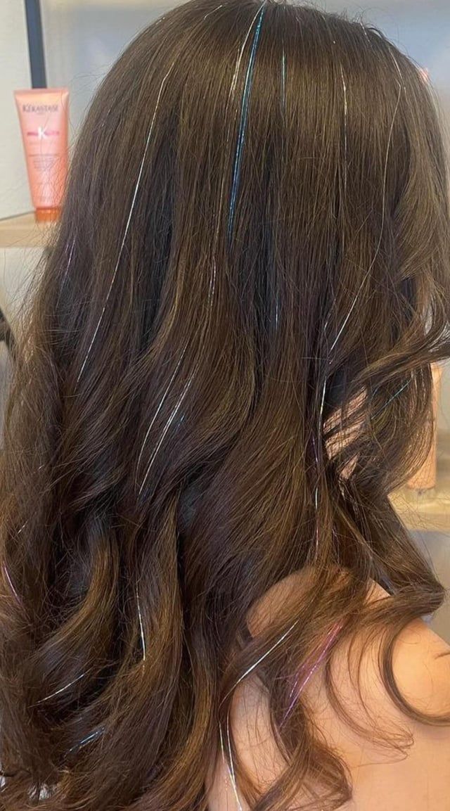 Silver and Iridescent Tinsel on Dark Waves — Hair Tinsel