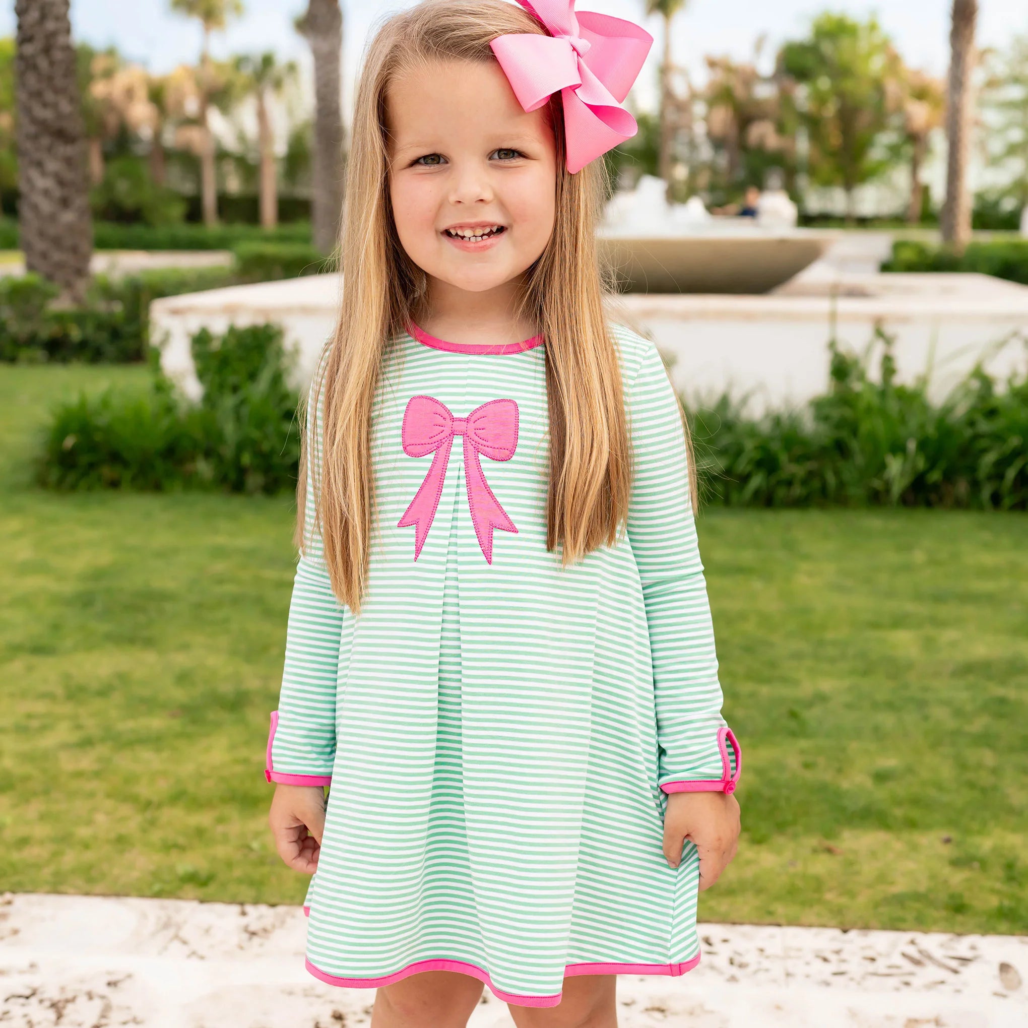 Mint Green Stripe Dress with Bold Bow Detail Mint Green Stripe Dress with Bold Bow Detail — Little Girl Outfits