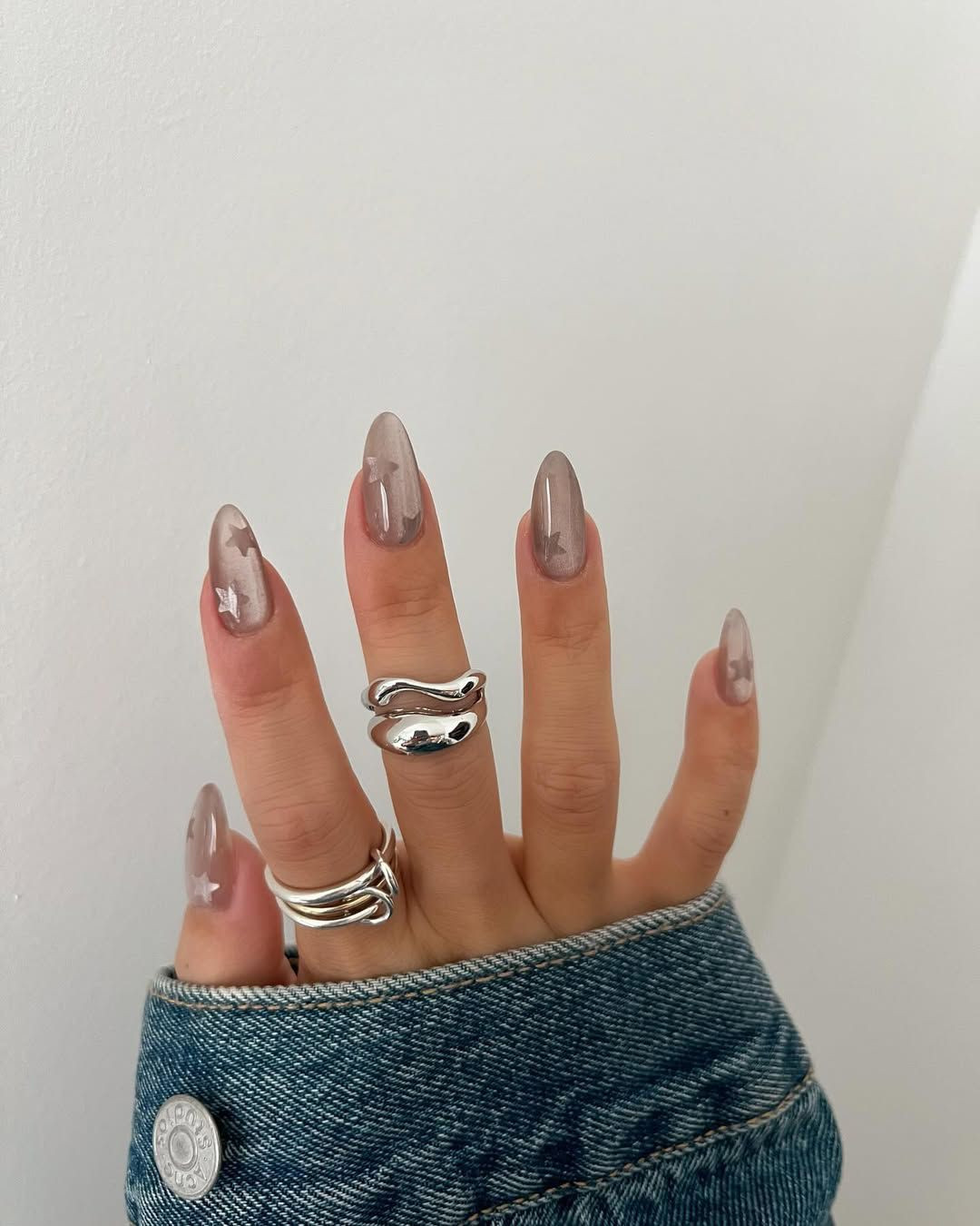 Sheer Grey Starry Stiletto Nails Sheer Grey Starry Stiletto Nails — Hard Gel Nails