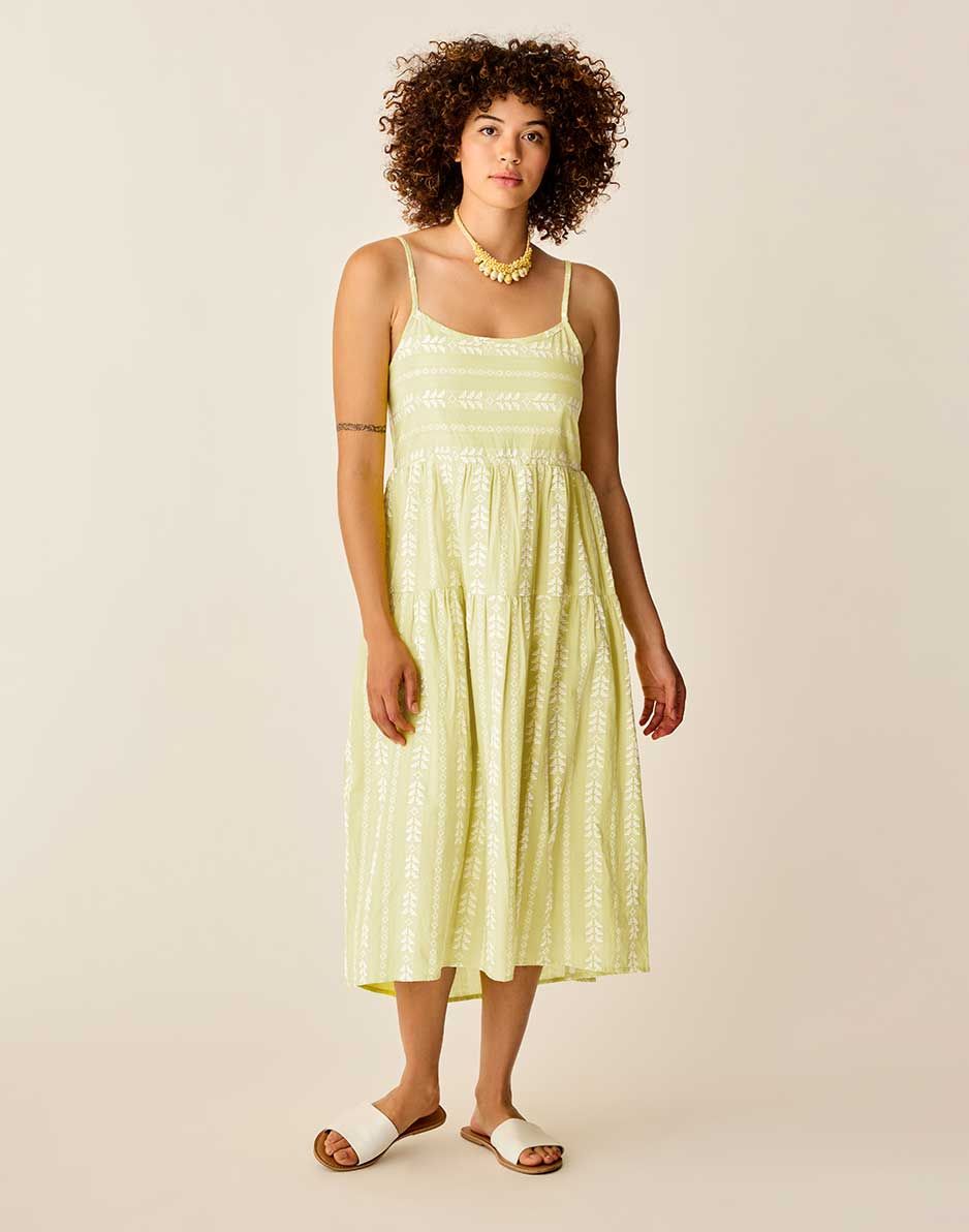 Lime Green Leaf Print Tiered Midi Dress — Garden Party Outfits