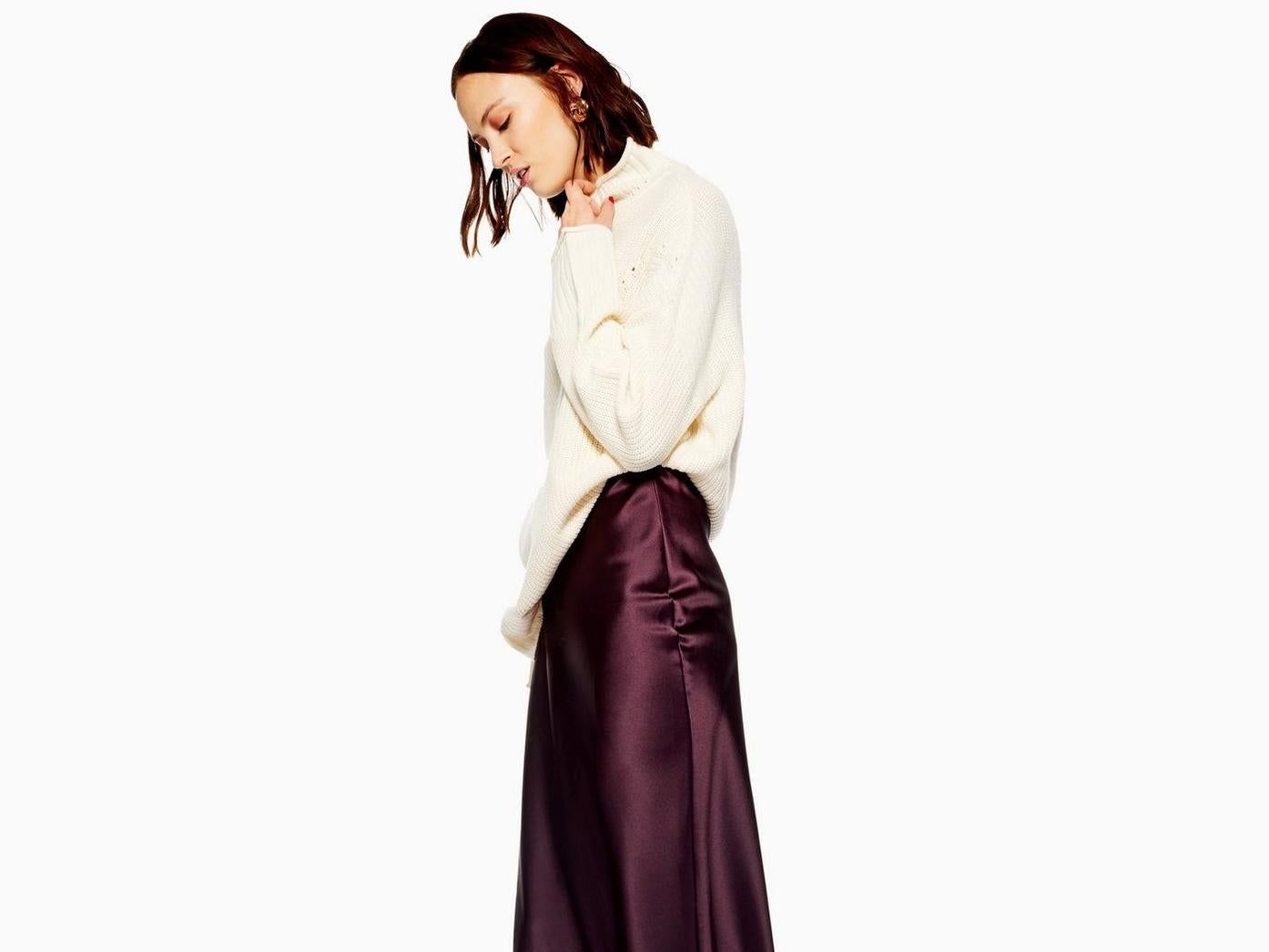 Deep Plum Satin Skirt with Cream Knit Sweater and Black Heels Deep Plum Satin Skirt with Cream Knit Sweater and Black Heels — Satin Skirt Outfits