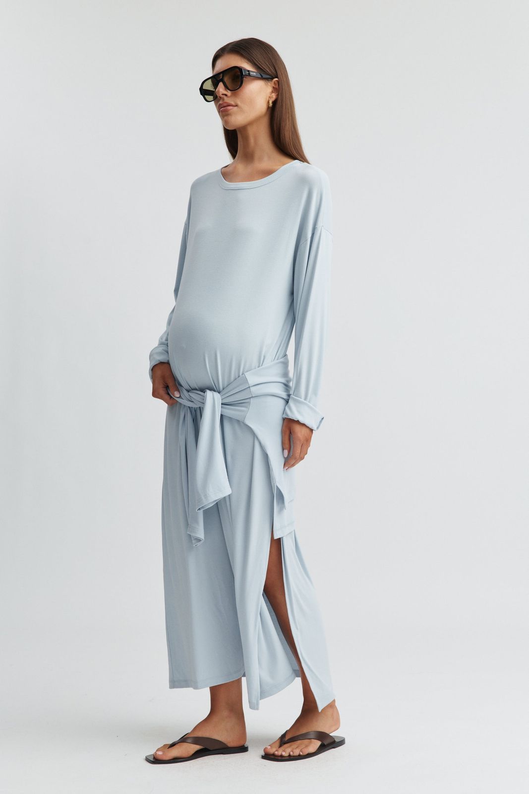 Light Blue Jersey Knit Dress with Tie Waist and Side Slits for a Relaxed Baby Shower Light Blue Jersey Knit Dress with Tie Waist and Side Slits for a Relaxed Baby Shower — Baby Shower Dresses
