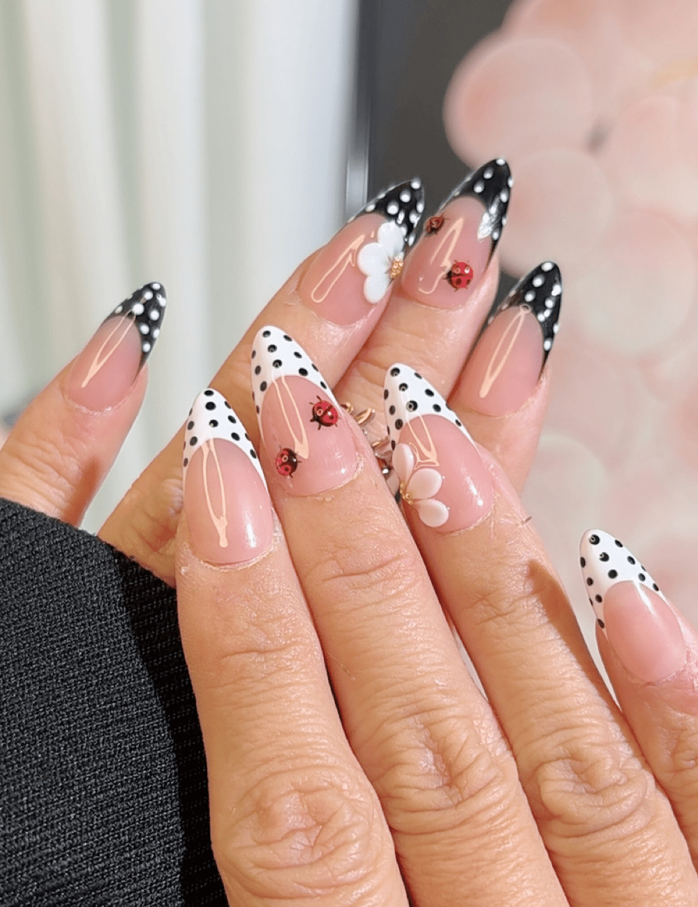 Glossy Nude French Tips with Ladybugs & Flowers — Ladybug Nails
