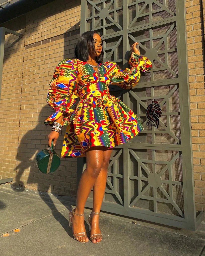 Kente Print Mini Dress With Voluminous Sleeves Kente Print Mini Dress With Voluminous Sleeves — Afrocentric Outfits