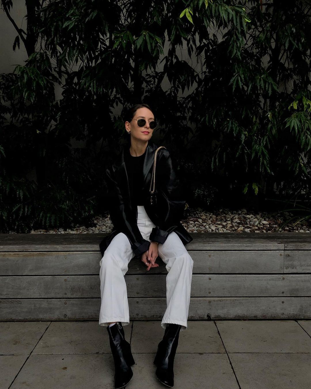 Edgy Leather Jacket and Ankle Boots — Round Sunglasses Outfits