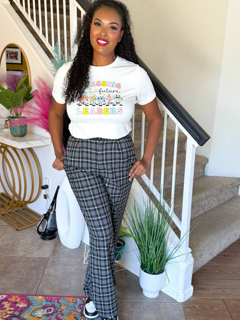 Graphic Tee and Plaid Flared Trousers — Preschool Teacher Outfits