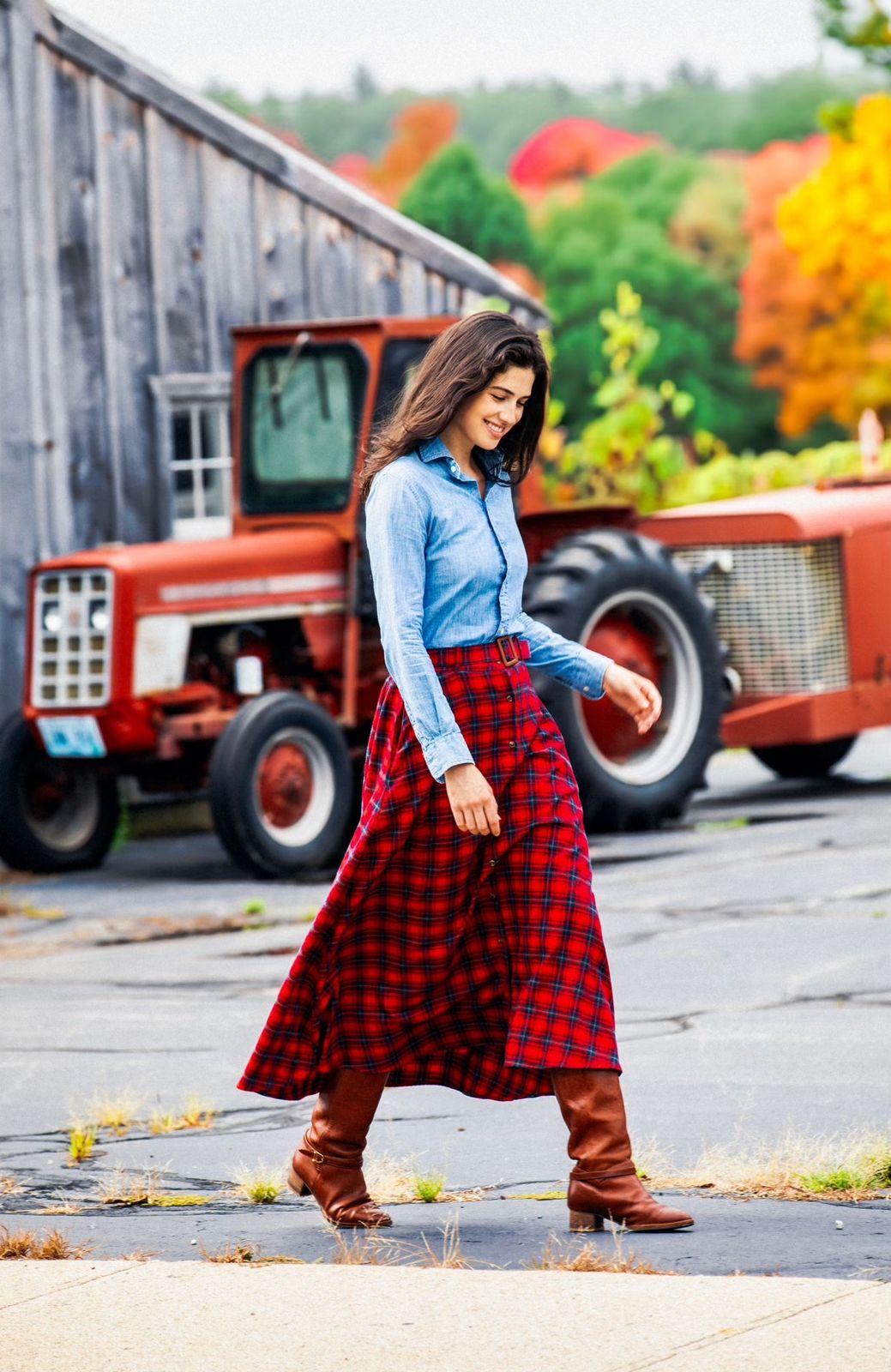 Casual Red Plaid Maxi Skirt with Denim Shirt and Belt Casual Red Plaid Maxi Skirt with Denim Shirt and Belt — Plaid Skirts