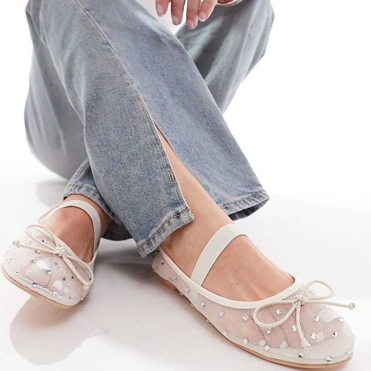 Embellished Cream Mesh Flats with Slit-Hem Denim Embellished Cream Mesh Flats with Slit-Hem Denim — Mesh Ballet Flats Outfits