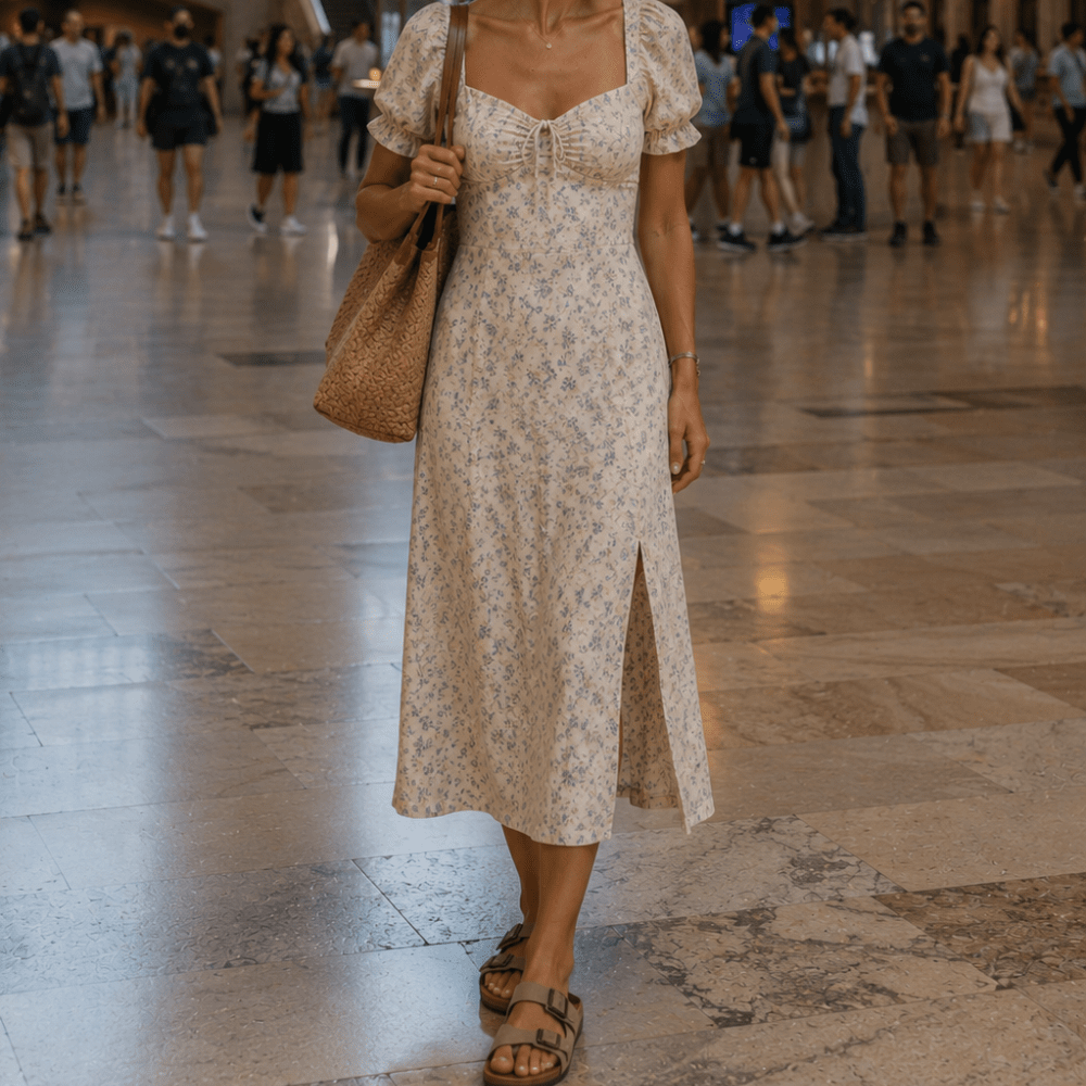 Summer Floral Dress with Tan Birkenstocks and Straw Tote Summer Floral Dress with Tan Birkenstocks and Straw Tote — Birkenstock Outfits