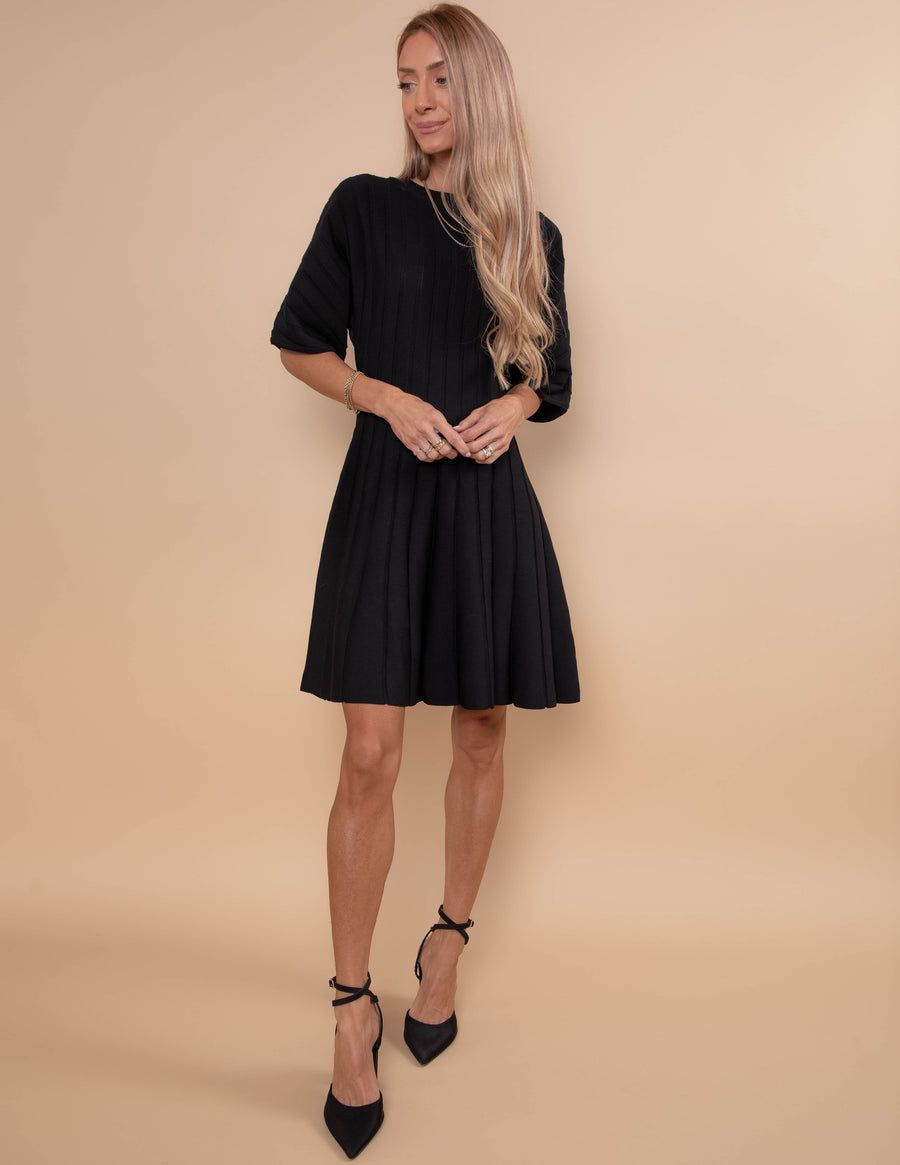 Black Knit Fit and Flare Dress with Pleated Skirt — Knee Length Dresses