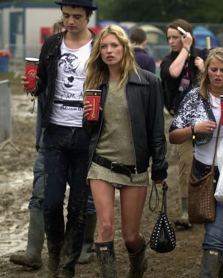 Gold Metallic Dress, Leather Jacket, and Muddy Wellington Boots — Indie Sleaze Outfits