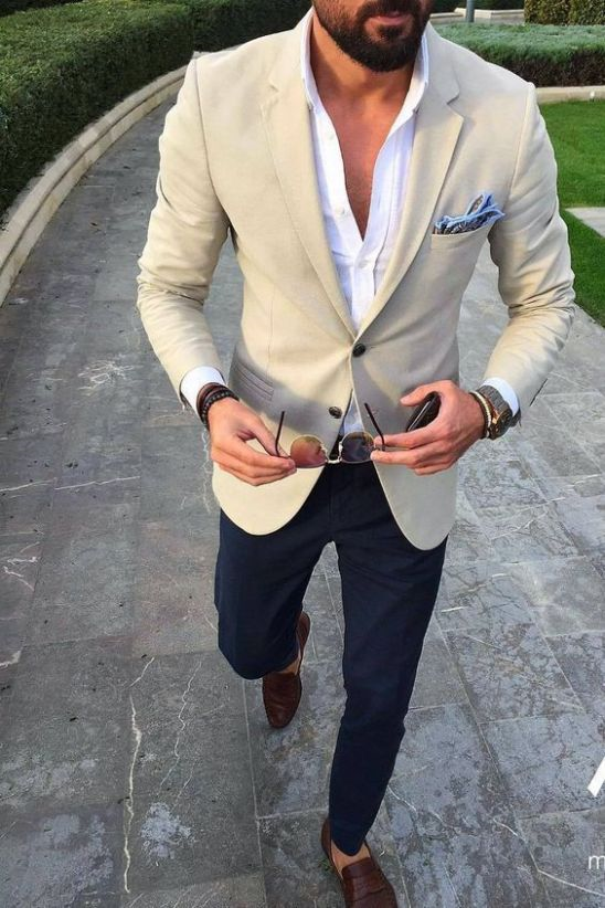 Beige Blazer and Navy Trousers for Casual Weddings — Mens Wedding Guest Outfits