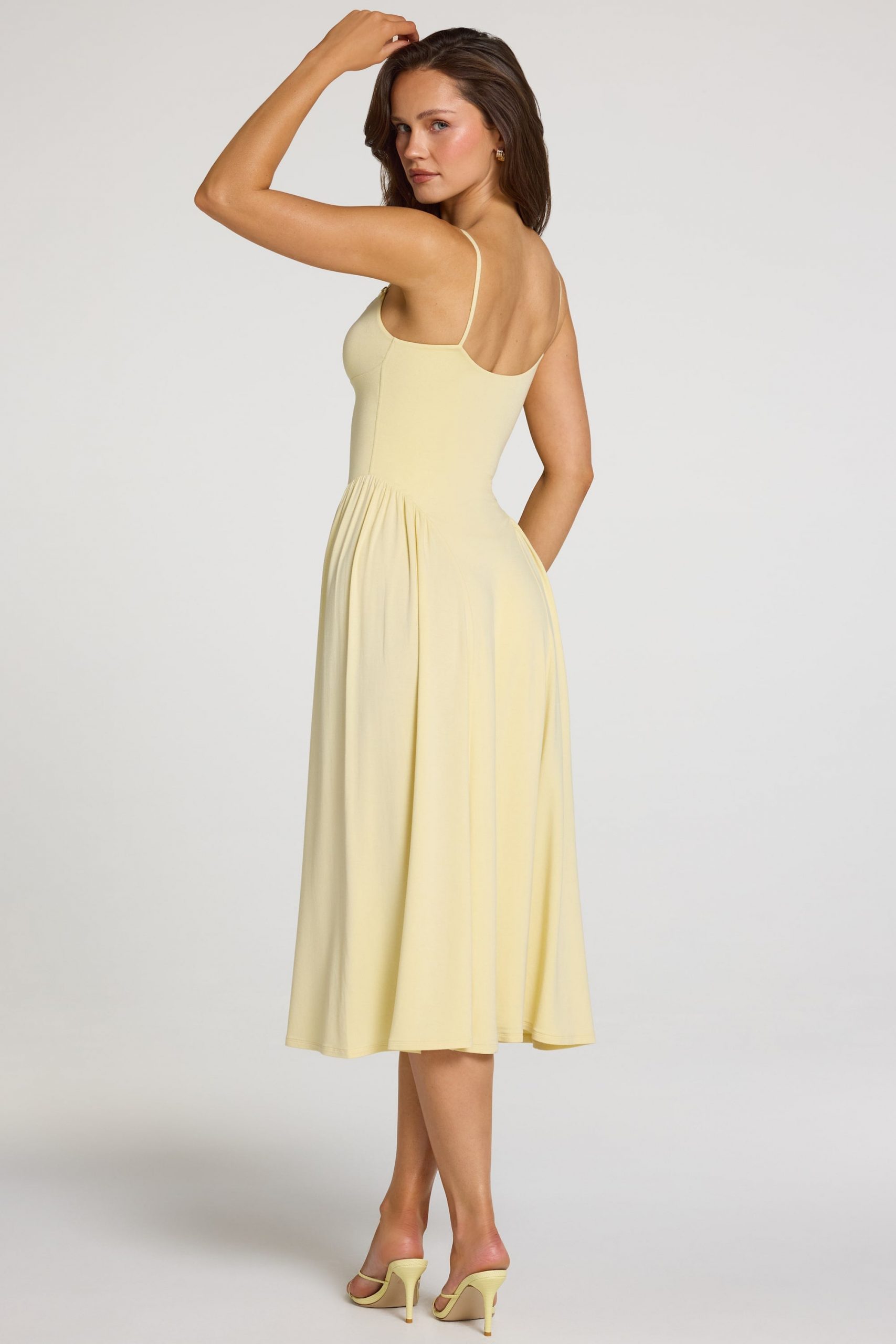 Simple Pale Yellow Spaghetti Strap Midi Dress Simple Pale Yellow Spaghetti Strap Midi Dress — Graduation Party Outfits