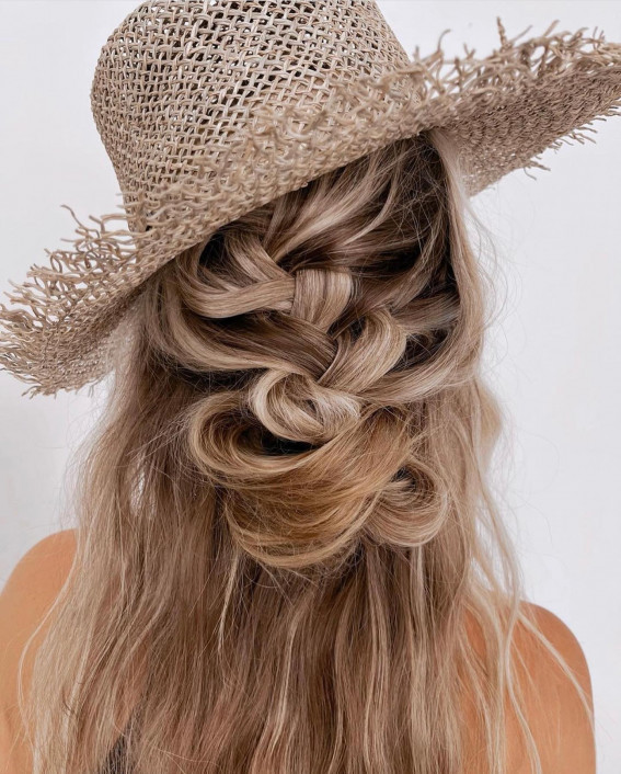 Visual Idea — Wavy Texture Is Styled In A Half-Up — Cowboy Hat Hairstyles