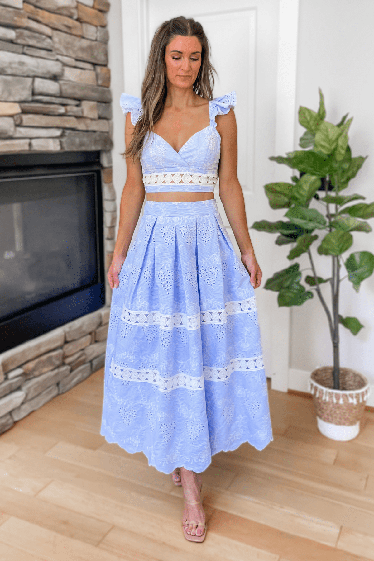 Light Blue Eyelet Set with Ruffled Straps for Summer Events Light Blue Eyelet Set with Ruffled Straps for Summer Events — Two Piece Outfits