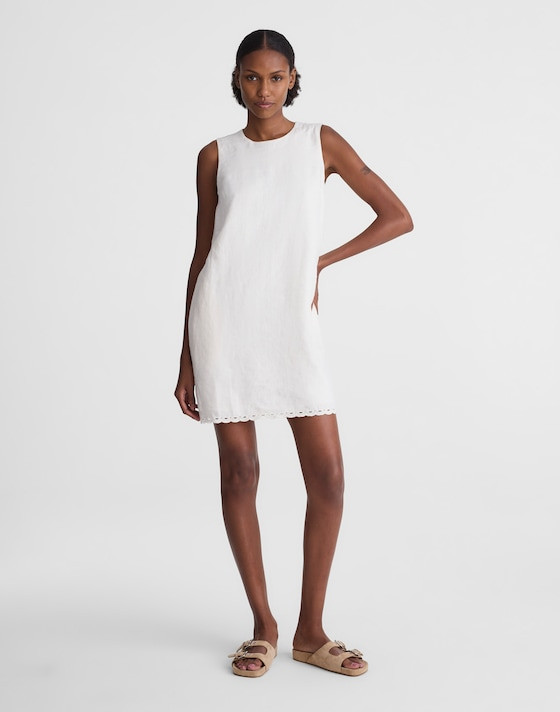 White Linen Shift Dress with Scalloped Hem and Slides — Shift Dresses