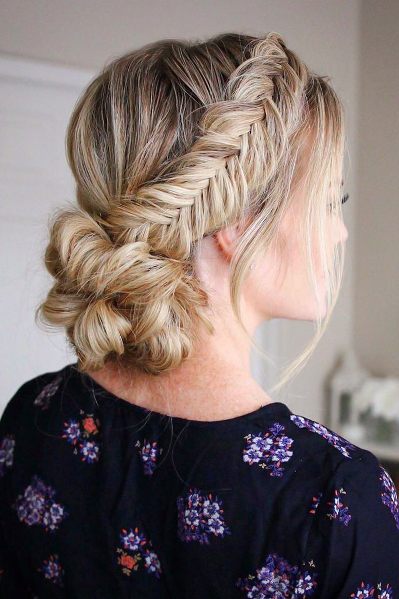 Collarbone Low Updo With Fishtail Braid Crown — Prom Hairstyles for Medium Hair