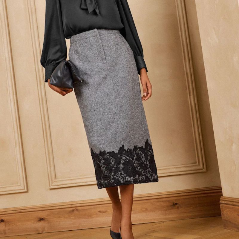 Grey Wool Blend Pencil Skirt with Lace Trim Grey Wool Blend Pencil Skirt with Lace Trim — Pencil Skirts
