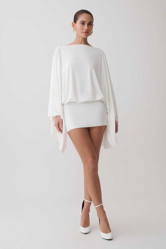 White Mini Dress with Dramatic Draped Sleeves — Going Out Dresses