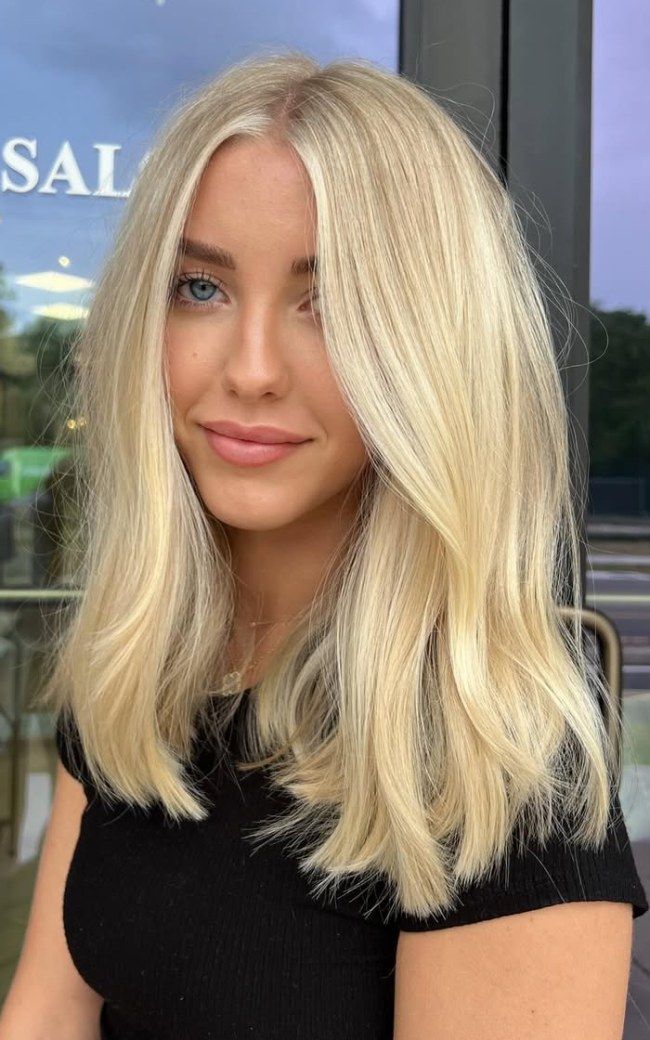 Ash Blonde Lob With Curtain Bangs Ash Blonde Lob With Curtain Bangs — Hair Color for Blue Eyes