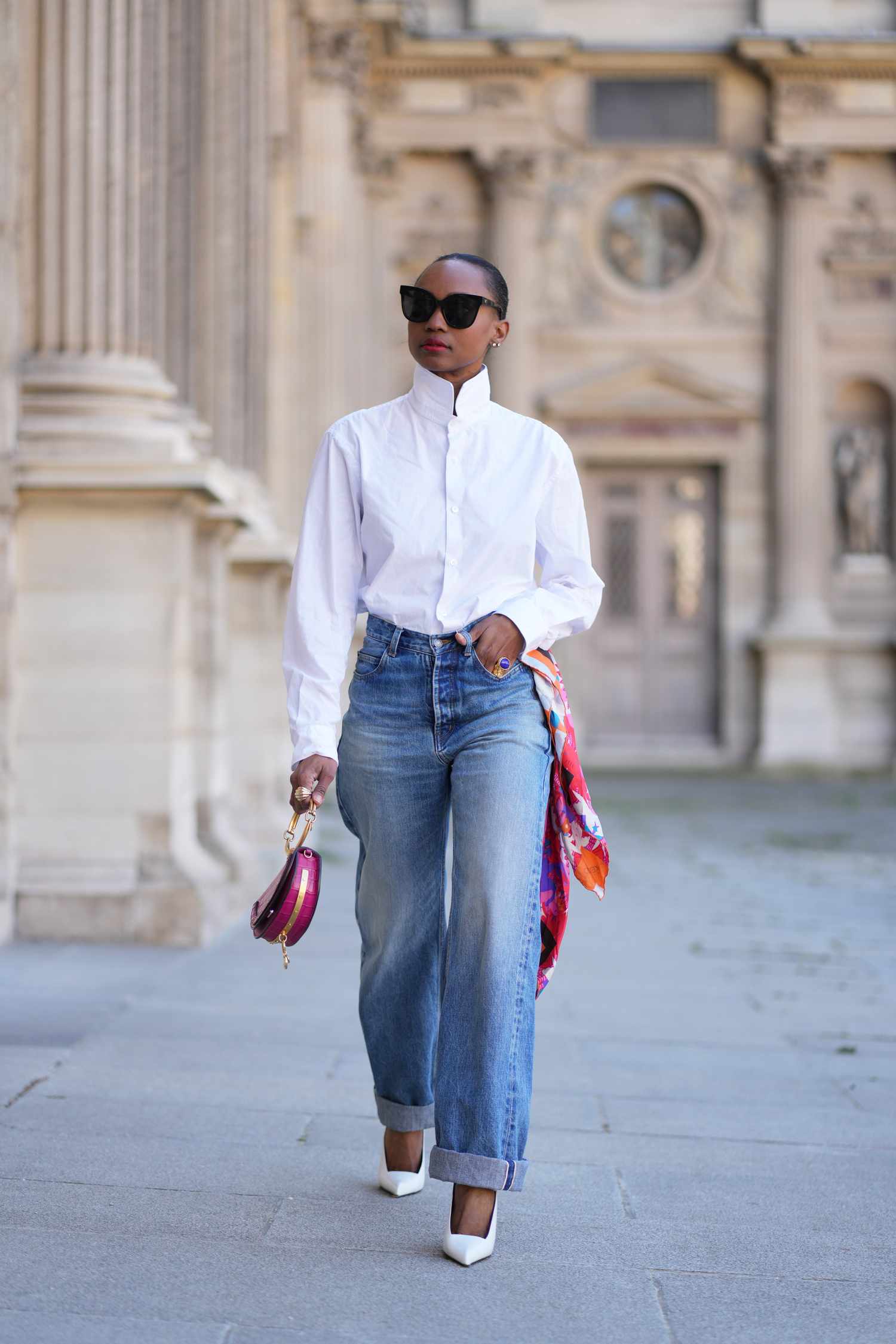 Rolled-Cuff Medium Blue Jeans with a Scarf Accent — Baggy Jeans Outfits
