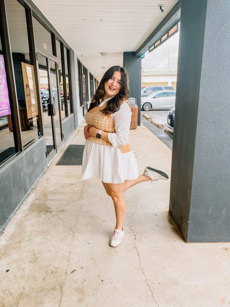 Mini Dress and Sweater Vest with Pink Laced Sneakers — Golden Goose Outfits