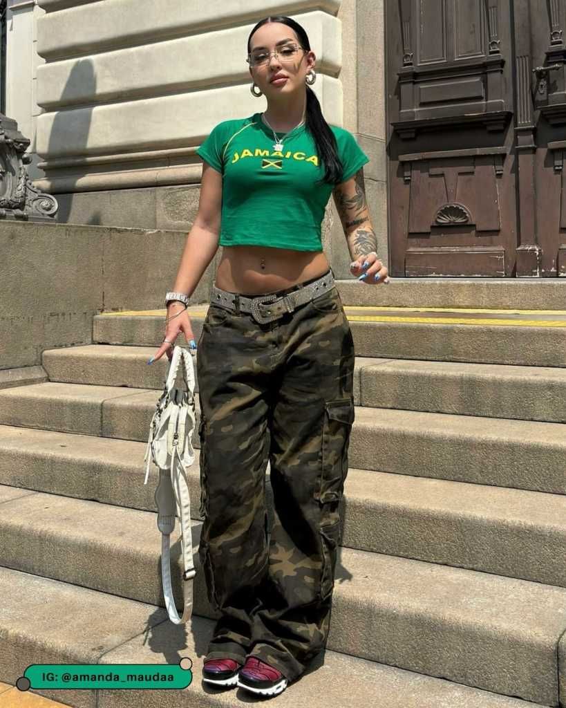 Green 'Jamaica' Baby Tee with Camouflage Cargo Pants Green 'Jamaica' Baby Tee with Camouflage Cargo Pants — Baby Tee Outfits