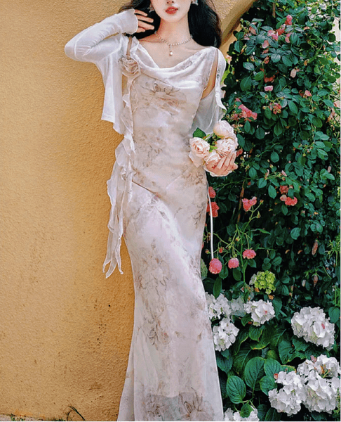 Ivory Draped Slip Dress with Pink Floral Print and Sheer Cardigan — Princesscore Outfits