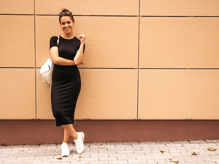 Sleek Simplicity: Fitted Midi Dress and Sneakers — Outfits for Rectangle Shape