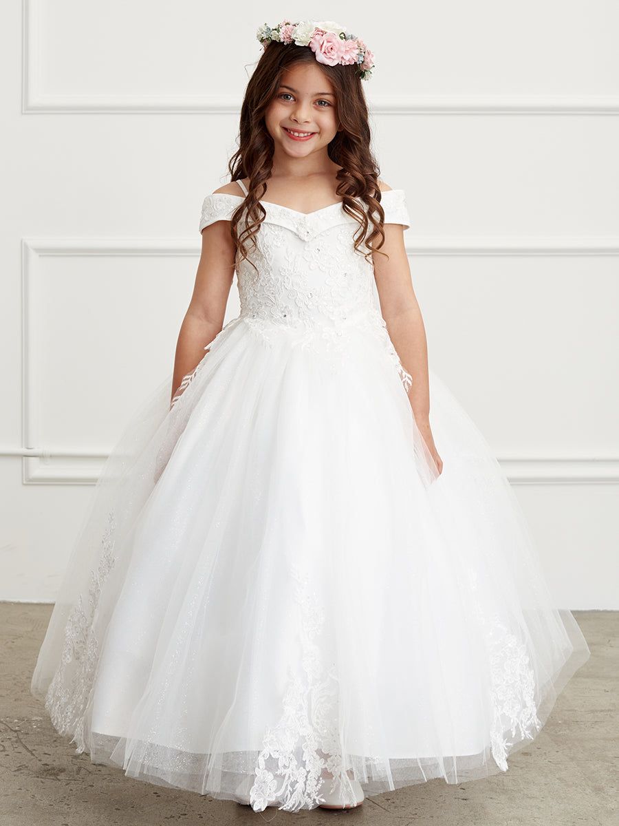 White Off-the-Shoulder Ballgown with Glitter and Floral Crown White Off-the-Shoulder Ballgown with Glitter and Floral Crown — Flower Girl Dresses