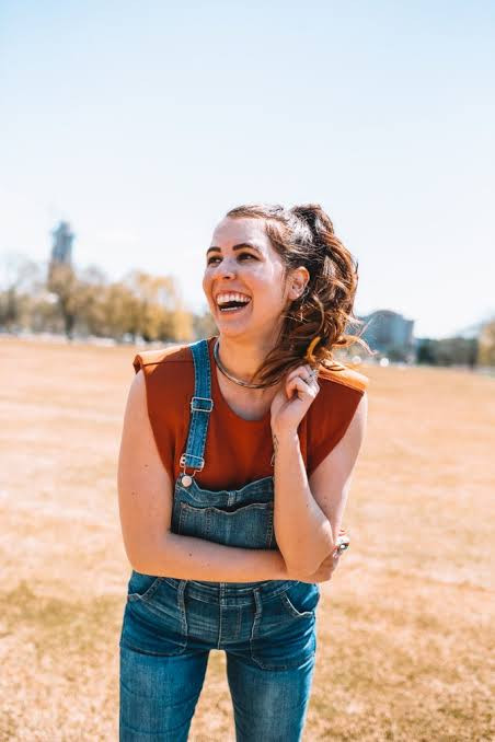 Blue Denim Overalls with Rust Sleeveless Top and Blue Sneakers Blue Denim Overalls with Rust Sleeveless Top and Blue Sneakers