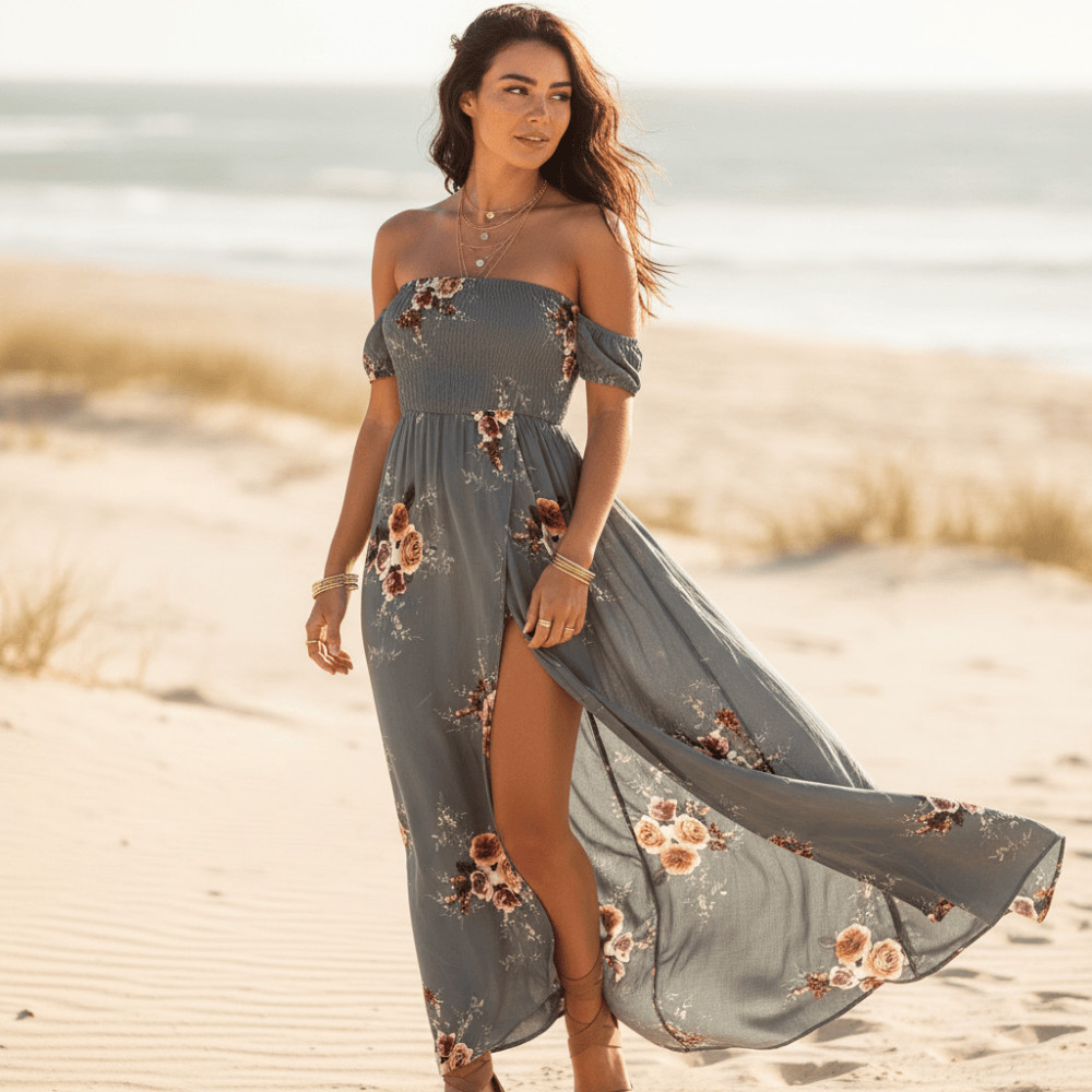 Maxi Dress | Floral Off-Shoulder Boho in Burgundy