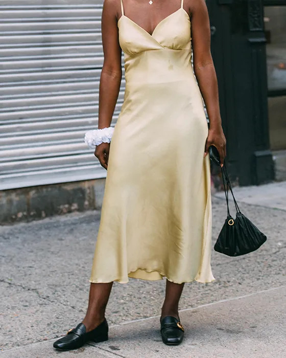 Satin Slip Dress with Black Loafers and Handbag — Loafers with Dress Outfits
