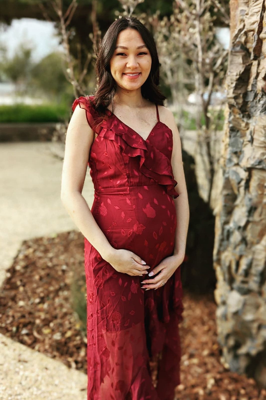 Red Textured Maternity Dress with Ruffled One-Shoulder Red Textured Maternity Dress with Ruffled One-Shoulder — Maternity Dresses