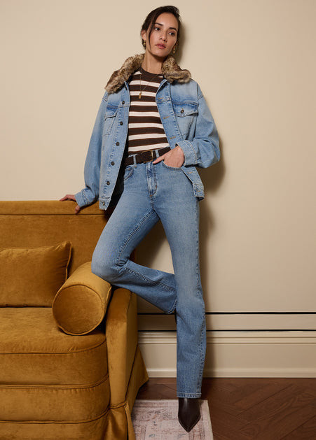 Bootcut Jeans with Striped Sweater and Fur-Collar Jacket — High Waisted Jeans