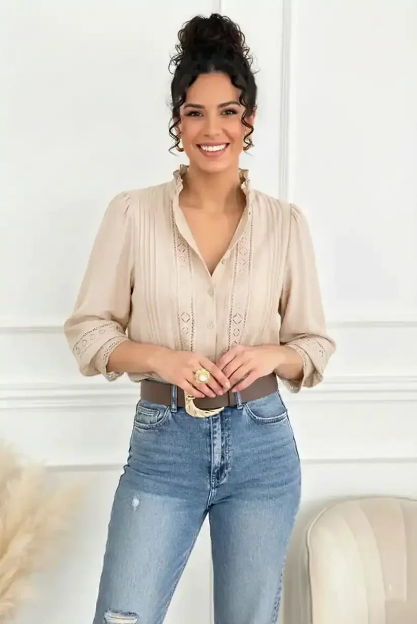 Beige Blouse with Ruffled Neckline for Casual Chic Beige Blouse with Ruffled Neckline for Casual Chic — Blouses