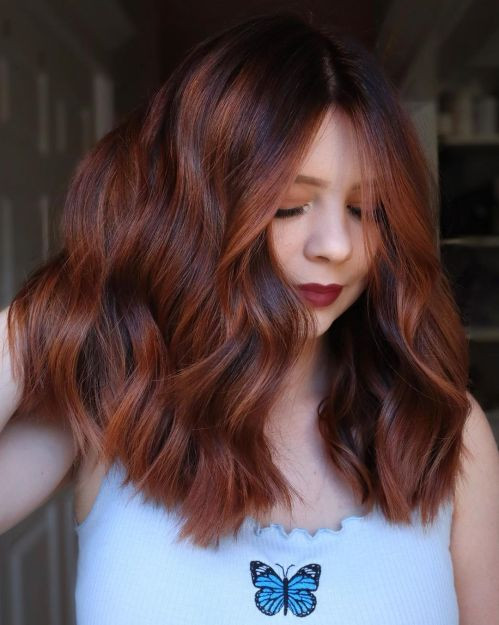 Collarbone Dark Auburn Blowout With Copper Collarbone Dark Auburn Blowout With Copper — Dark Auburn Hair